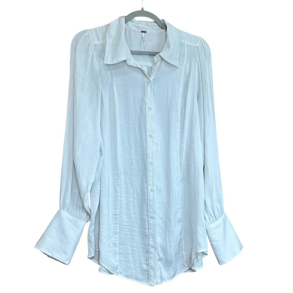Free People White Long Sleeve Button Down Blouse Flared Cuffs Size Medium